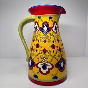 Yellow Talavera Pitcher or Vase Decorative Floral Pattern Hand-painted Ceramic
